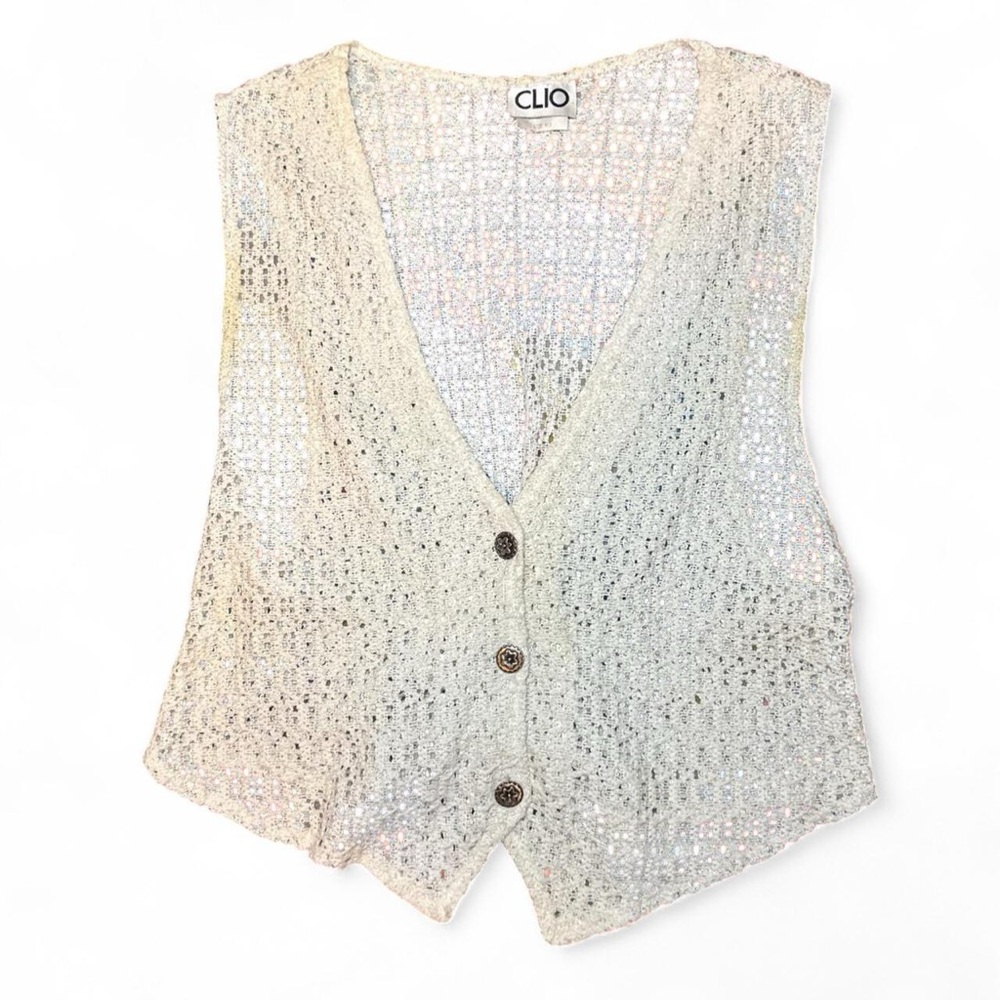 CLIO VTG 90s Off-White Dainty Lace Crochet Knit Button-Up Cinched Vest — MEDIUM